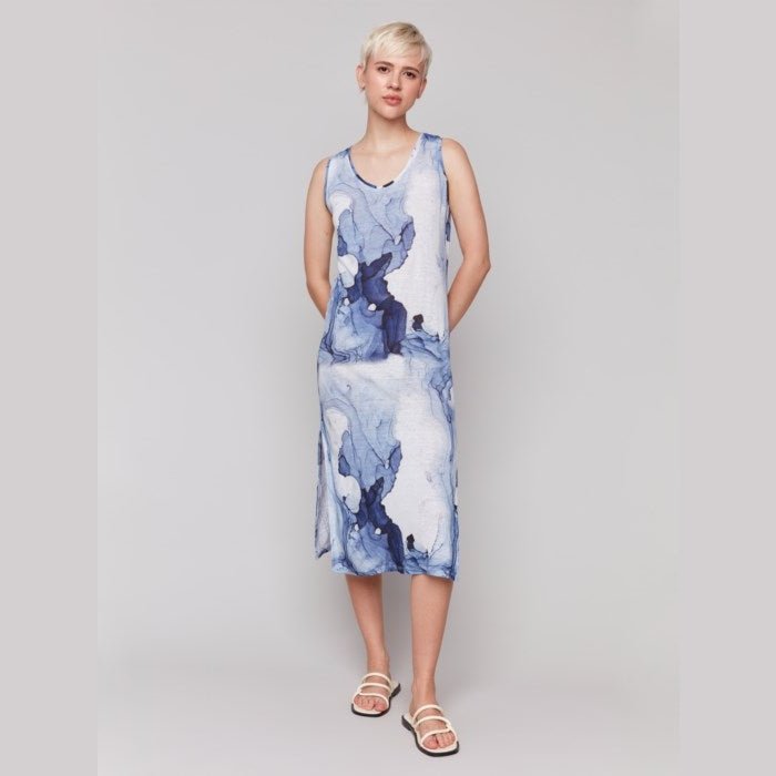 Colette Printed Sleeveless Linen Blend Dress With Side Slits Lady of the Lake Colette Printed Sleeveless Linen Blend Dress With Side Slits Lady of the Lake