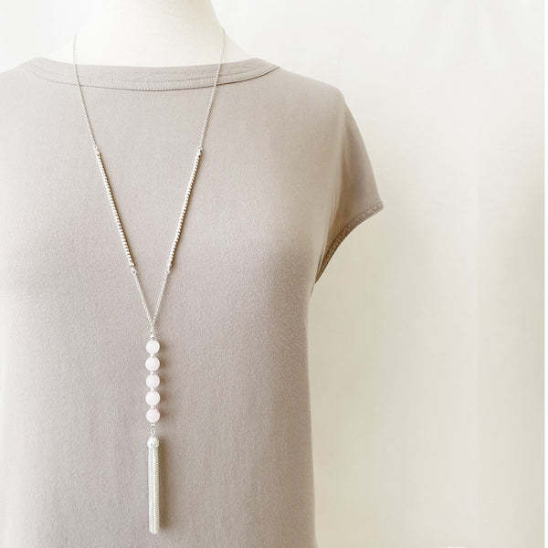 Long Pendant Necklace With Natural Stones & Tassel