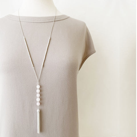 Long Pendant Necklace With Natural Stones & Tassel