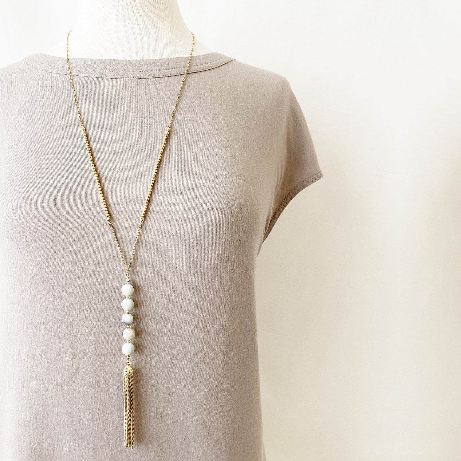Long Pendant Necklace With Natural Stones & Tassel