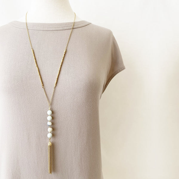 Long Pendant Necklace With Natural Stones & Tassel