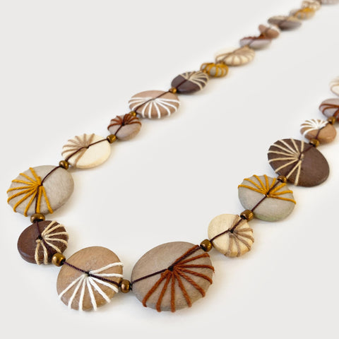 Semi-Long Necklace With Wood Discs With Threads