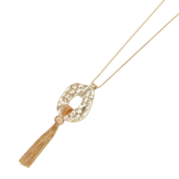 Long Necklace With Hammered Pendant & Tassels