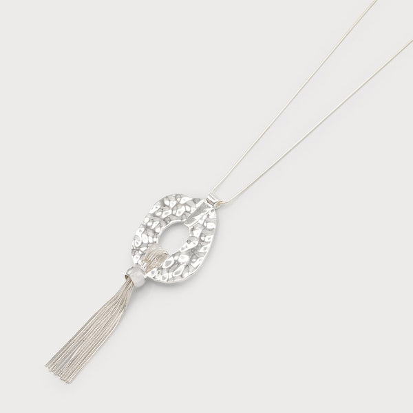 Long Necklace With Hammered Pendant & Tassels