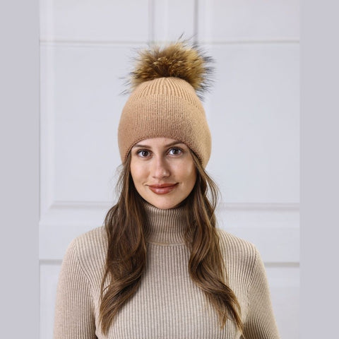 Cashmere Blend Touque With Pom Pom & Crystal Accents