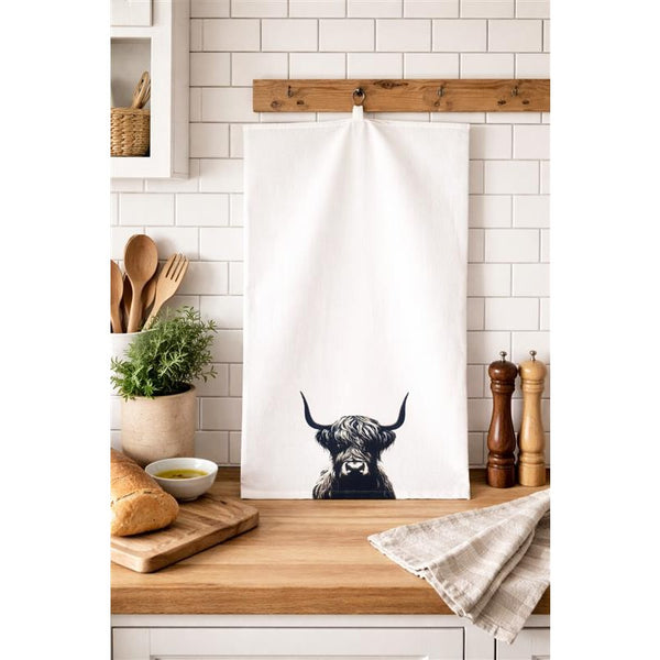 Highland Cow Black & White Tea Towel