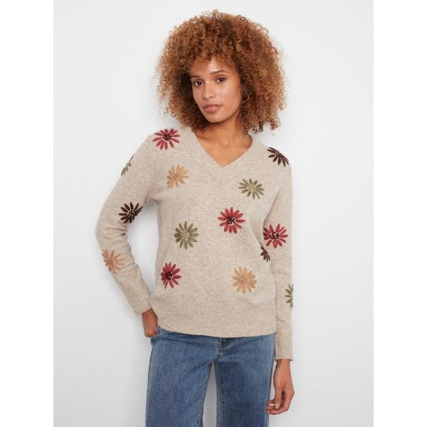 Cleo Embroidered V-Neck Sweater