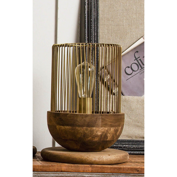 Caged Table Lamp With Wooden Base