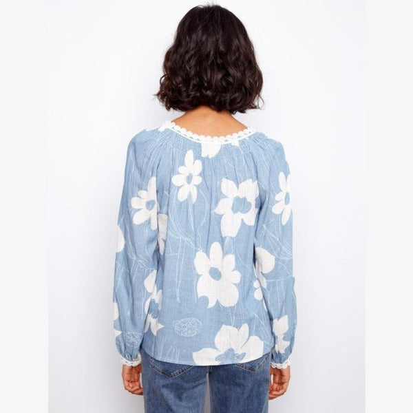 Annabelle Printed Linen Blend Raglan Blouse with Crochet Trim - Lady of the Lake