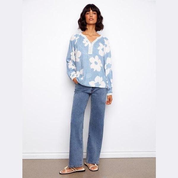 Annabelle Printed Linen Blend Raglan Blouse with Crochet Trim - Lady of the Lake