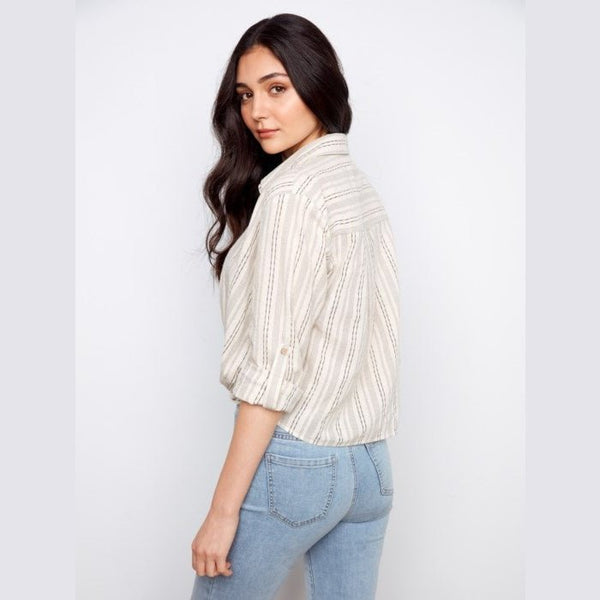 Arabella Striped Cotton - Linen Blend Shirt With Front Twist - Lady of the Lake