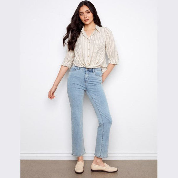 Arabella Striped Cotton - Linen Blend Shirt With Front Twist - Lady of the Lake