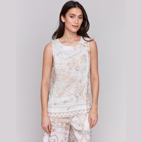 Atlas Printed Sleeveless Linen Blend Top - Lady of the Lake