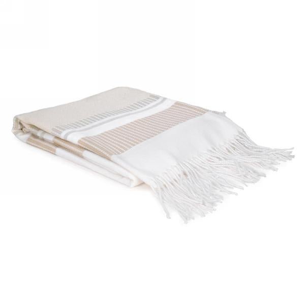 Beige & White Throw With Fringe