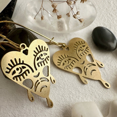 Boulevard Of Broken Dreams Raw Brass Crying Heart Face Drop Earrings - Lady of the Lake