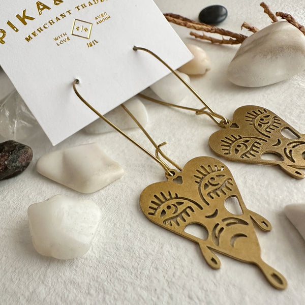 Boulevard Of Broken Dreams Raw Brass Crying Heart Face Drop Earrings - Lady of the Lake