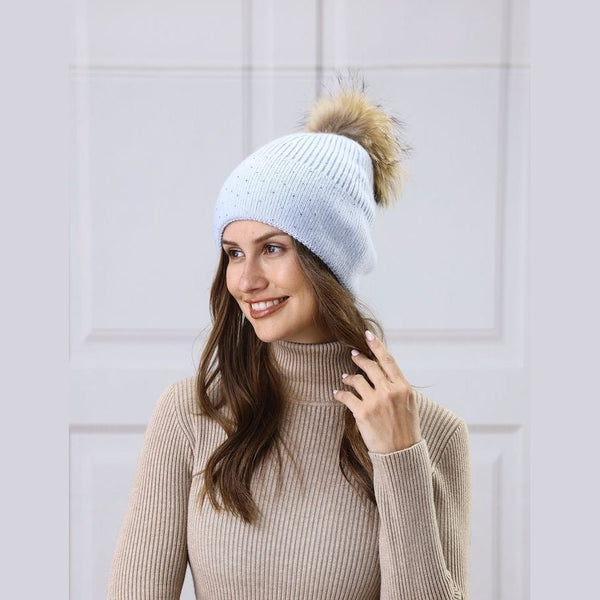 Cashmere Blend Touque With Pom Pom & Crystal Accents