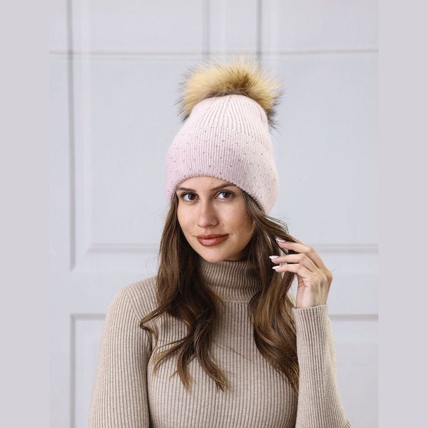 Cashmere Blend Touque With Pom Pom & Crystal Accents