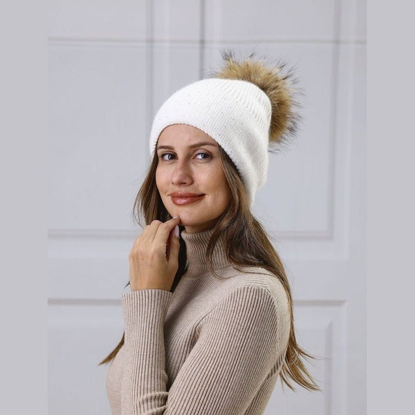 Cashmere Blend Touque With Pom Pom & Crystal Accents