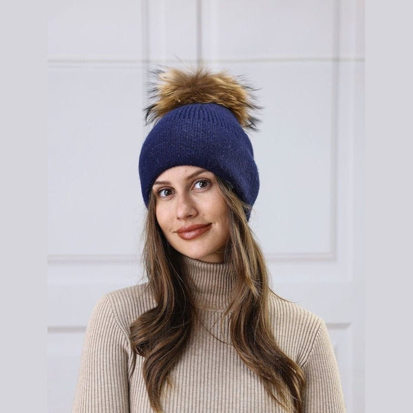 Cashmere Blend Touque With Pom Pom & Crystal Accents