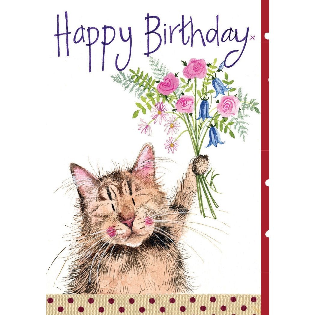 Cat & Bouquet - Greeting Card - Birthday
