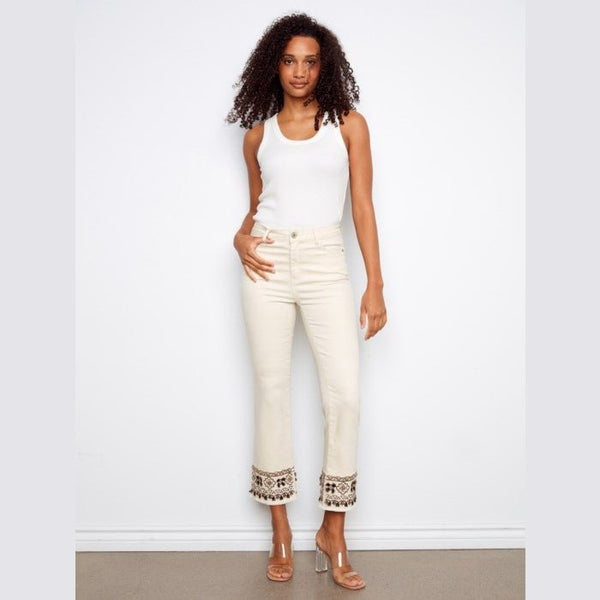Charlee Cropped Twill Pants With Embroidered Hem - Lady of the Lake
