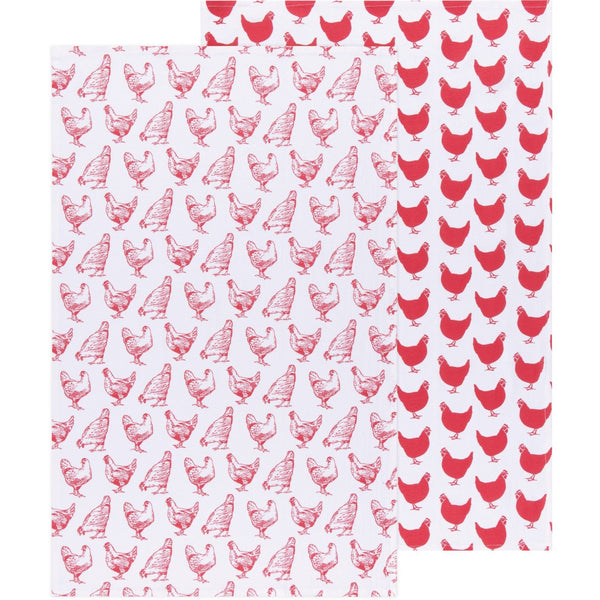 Chickens Print Red Floursack Dishtowels - Set of 2 - Lady of the Lake
