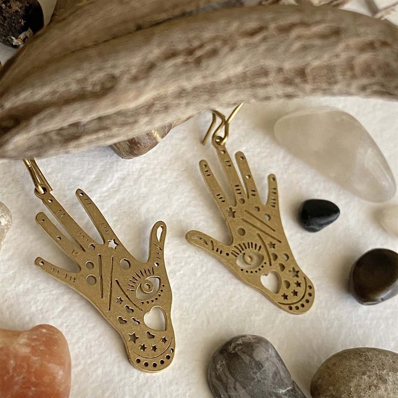 Chiromancy Brass Palmistry Drop Earrings - Lady of the Lake