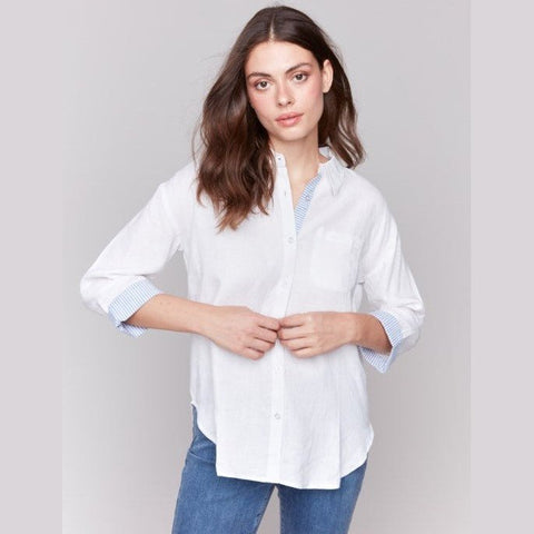 Christine Linen Blend Drop Shoulder Shirt With Striped Cuffs - Lady of the Lake