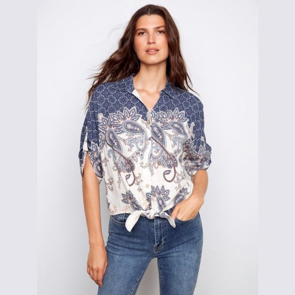 Collins Printed Linen Blend Front - Tie Blouse - Lady of the Lake