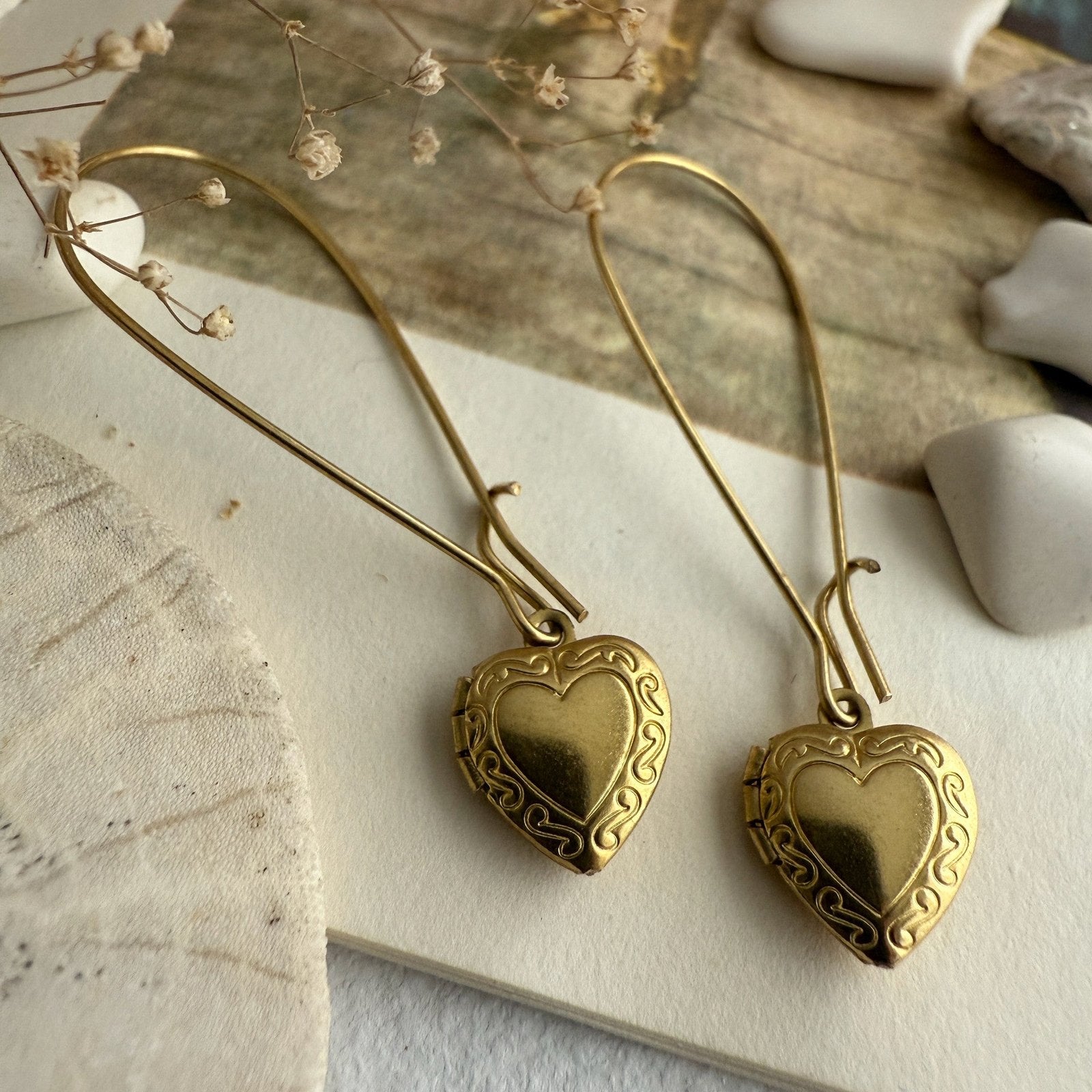 Elizabeth Vintage Heart Shaped Locket Drop Earrings - Lady of the Lake