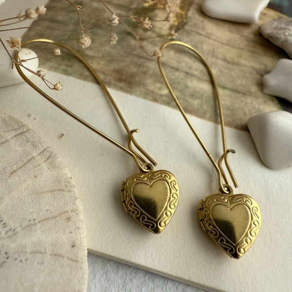 Elizabeth Vintage Heart Shaped Locket Drop Earrings - Lady of the Lake