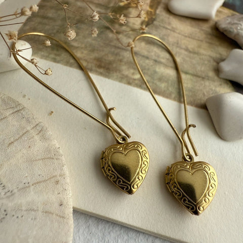 Elizabeth Vintage Heart Shaped Locket Drop Earrings - Lady of the Lake