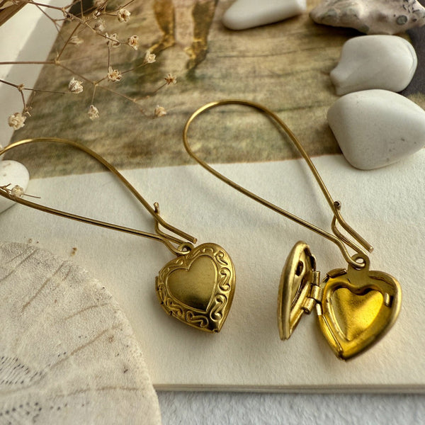 Elizabeth Vintage Heart Shaped Locket Drop Earrings - Lady of the Lake