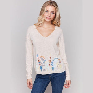 Elle Embroidered Cotton V - Neck Sweater - Lady of the Lake