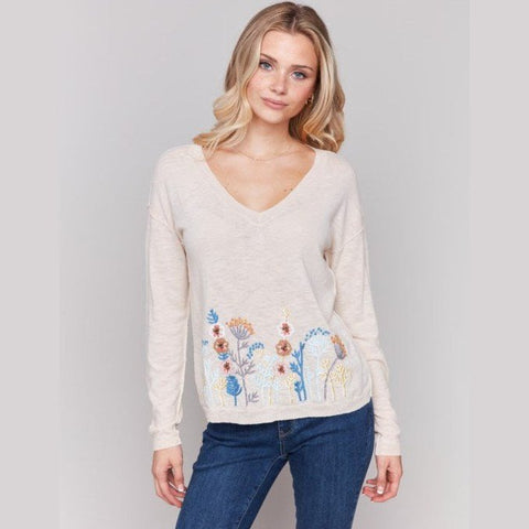 Elle Embroidered Cotton V - Neck Sweater - Lady of the Lake