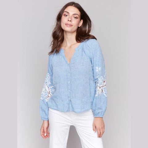 Emilia Cotton - Linen Button - Front Blouse With Embroidery - Lady of the Lake