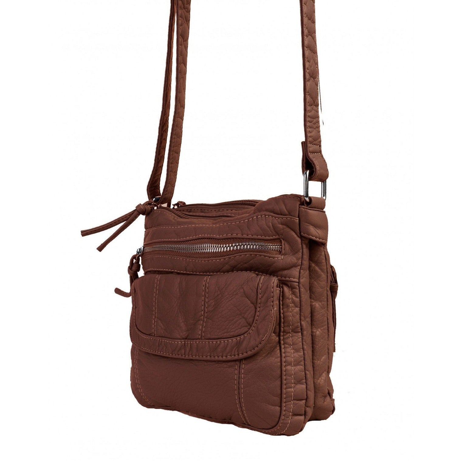 Faux Leather Satchel With Multi Pocket And Front Zipper