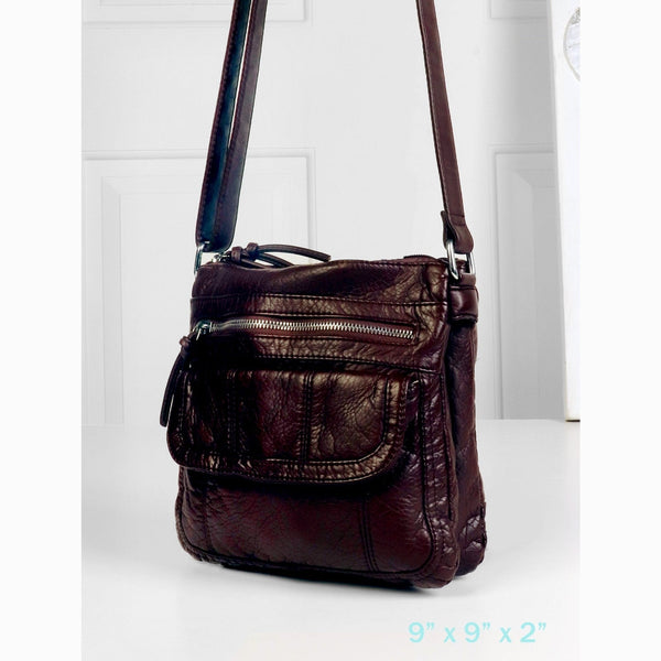 Faux Leather Satchel With Multi Pocket And Front Zipper