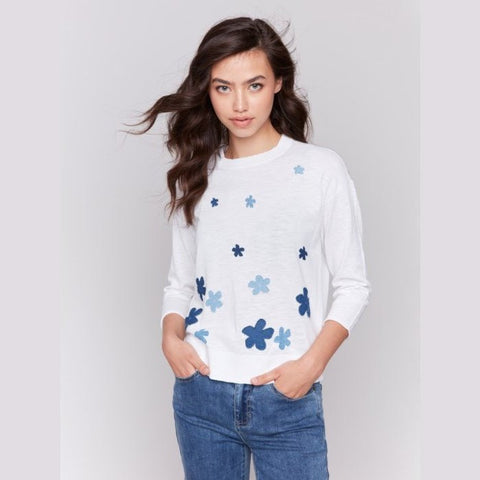 Floral Denim Patch Cotton Sweater - Lady of the Lake
