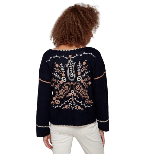 Gloria Embroidered Ribbed Sweater With Notch Neck - Lady of the Lake