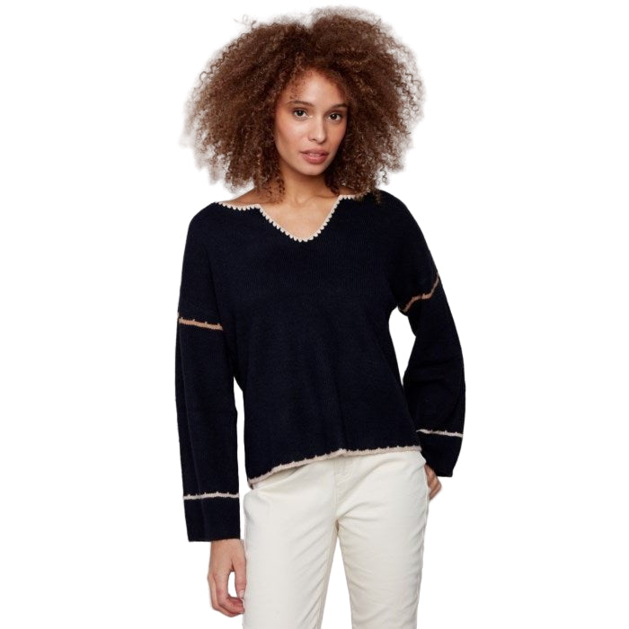 Gloria Embroidered Ribbed Sweater With Notch Neck - Lady of the Lake