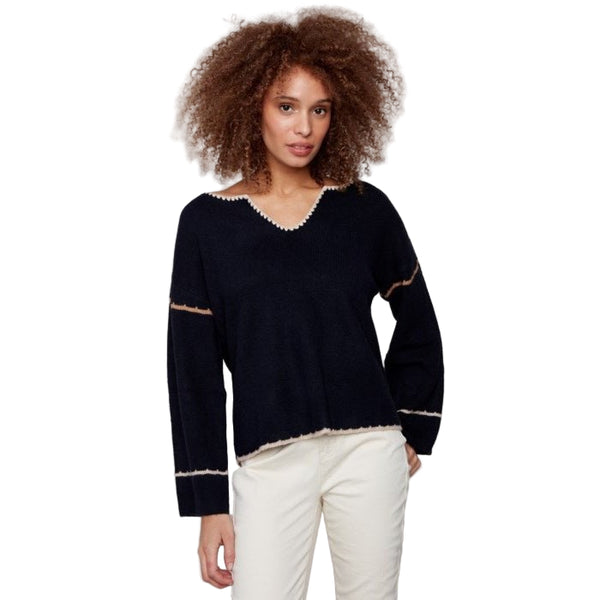 Gloria Embroidered Ribbed Sweater With Notch Neck - Lady of the Lake