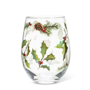 Holly, Pinecones & Berries Stemless Wine Glass