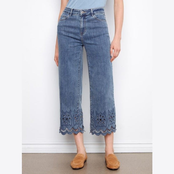 Jayla Wide Leg Jeans With Scalloped Eyelet Hem - Lady of the Lake