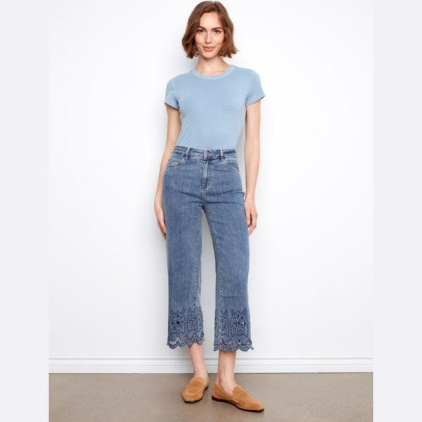 Jayla Wide Leg Jeans With Scalloped Eyelet Hem - Lady of the Lake