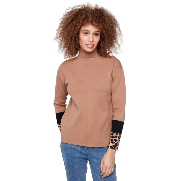Jemma Funnel Sweater With Animal Print Sleeve Detail - Lady of the Lake