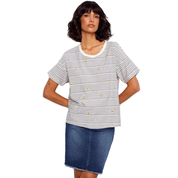 Jordyn Yarn - Dye Short Sleeve Crew Neck T-Shirt With Embroidery Detail - Lady of the Lake