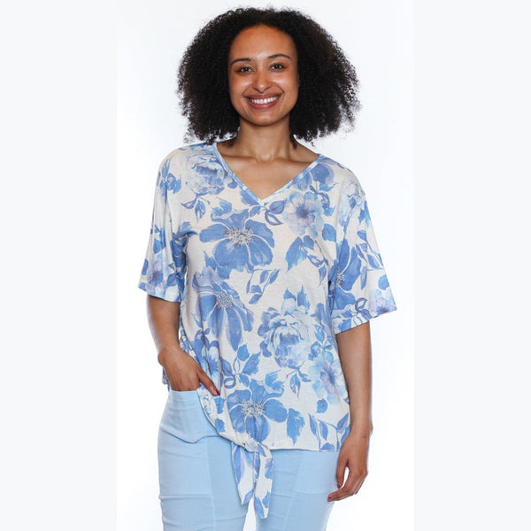 Juno Floral V - Neck T-Shirt With Tie Bottom - Lady of the Lake