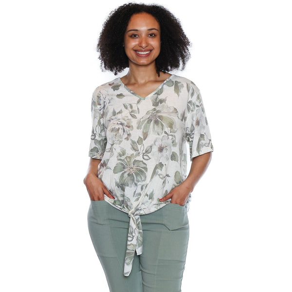 Juno Floral V - Neck T-Shirt With Tie Bottom - Lady of the Lake